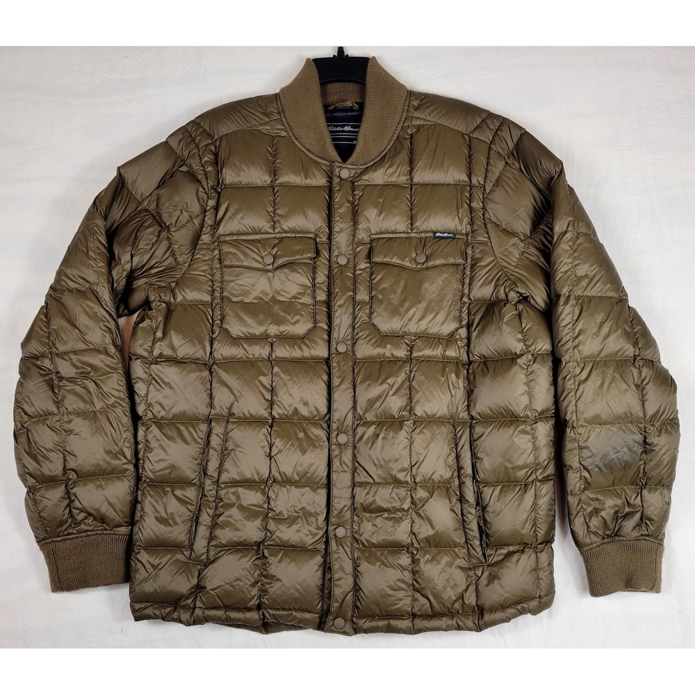 Eddie Bauer Mens Large Brown Down Puffer Bomber Jacket Quilted Snap Front
